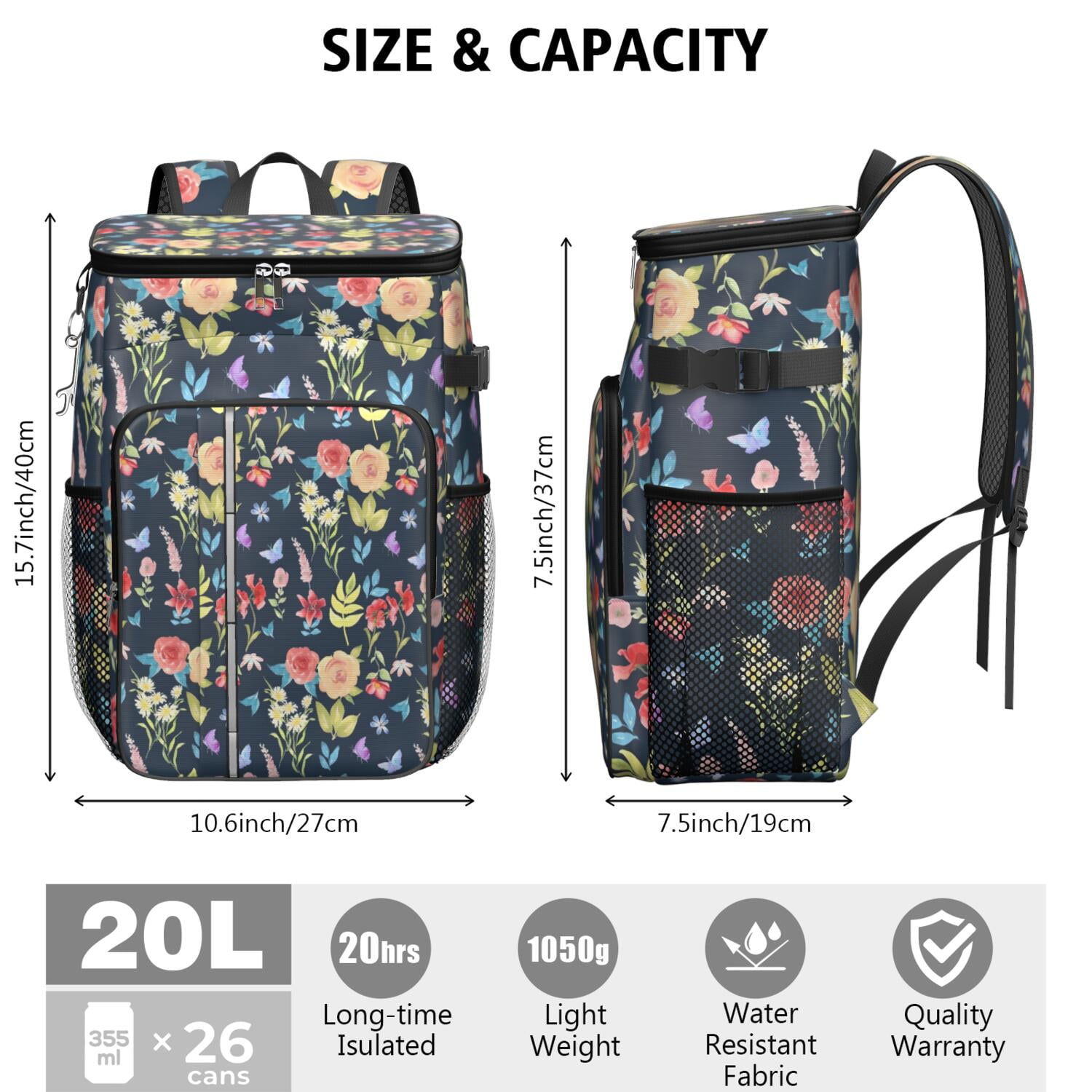 Travel Cooler Bag - Pioneer Flower Floral Print Pattern Camping Beer Cooler Backpack with Bottle Opener- Waterproof Insulated Picnic Backpacks - Cooler Bag for Beach