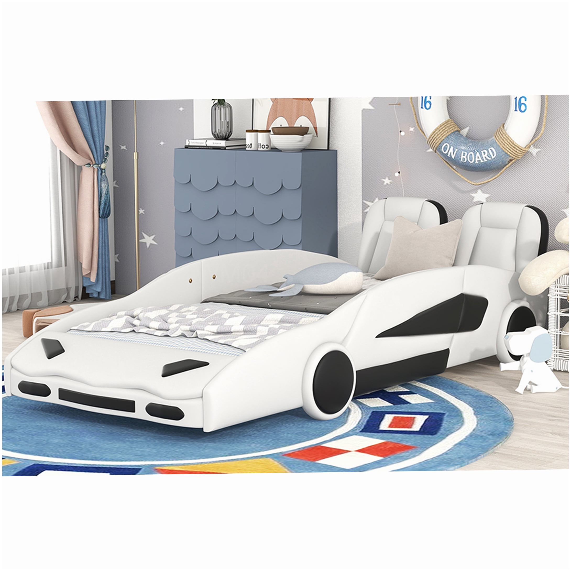No Box Spring Twin Bed Frame, White Race Car Themed Platform Bed with Safety Rails and Wood Slats