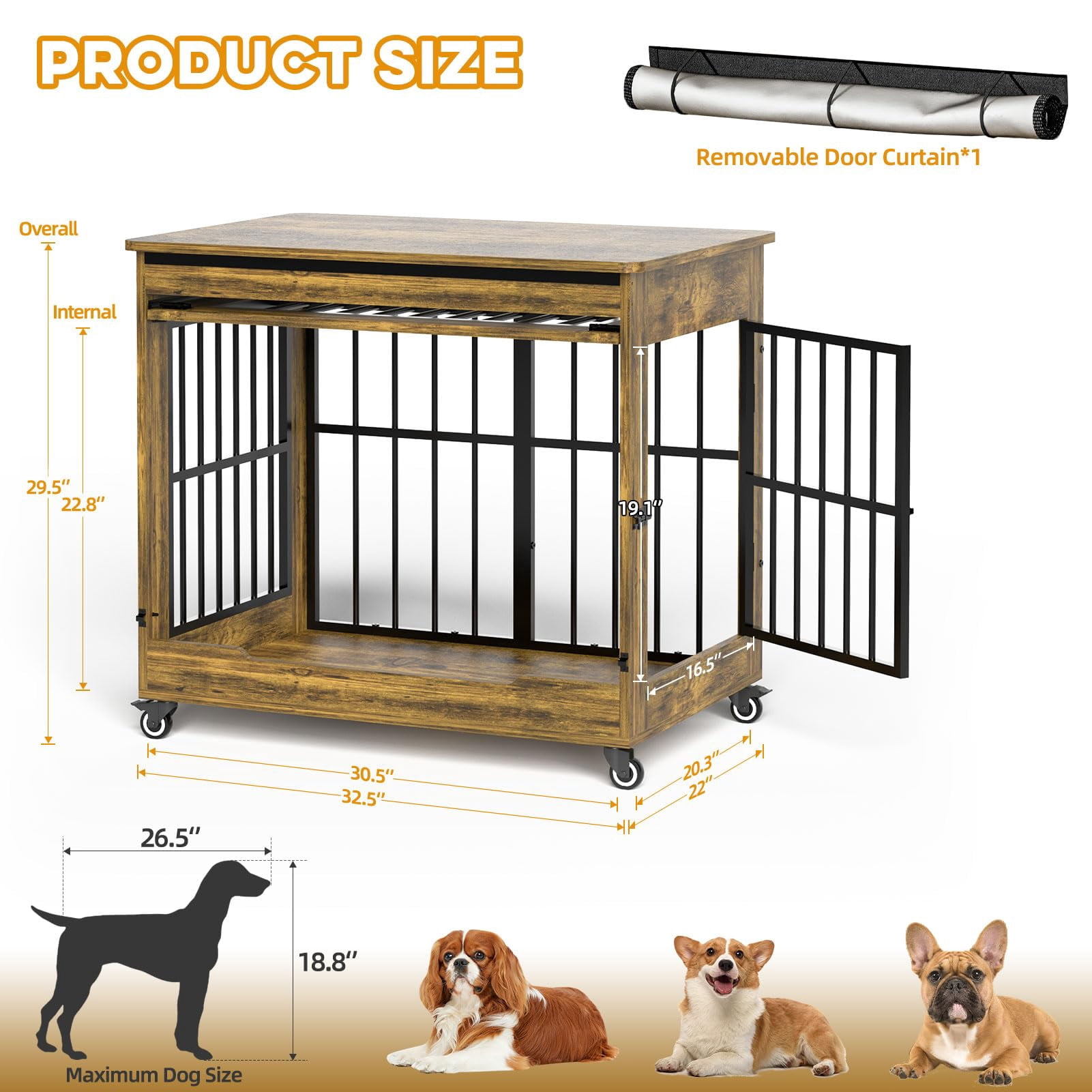 32" Dog Crate Furniture, Double Door Pet Cage End Table with Wheels for Medium and Small Breed Dogs