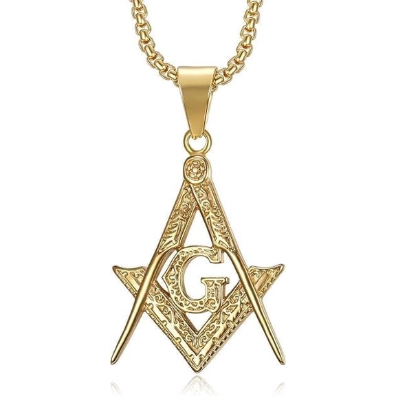 NEGS 18K Gold Plated Freemason Pendant 24'' Chain Masonic Stainless Steel Necklace for Men