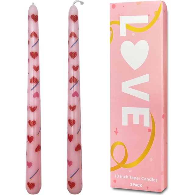 Topsics Pink Taper Candles, 10 inch Taper Candle Set of 2, Heart Patterns Printed Candlesticks, Unscented Candles for Dinner Anniversary Mother's Day (Pink)