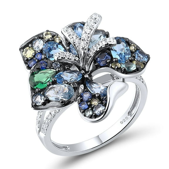 Santuzza 925 Sterling Silver Gemstone Flower Ring Blue Spinel Cubic Zirconia Lily Statement Ring for Women