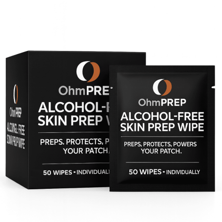 OHM PREP Alcohol-Free Skin Prep Wipe | 50 Wipes | Gentle Skin Cleaner for CGM, Patches & Medical Adhesives