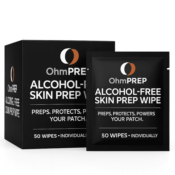 OHM PREP Alcohol-Free Skin Prep Wipe | 50 Wipes | Gentle Skin Cleaner for CGM, Patches & Medical Adhesives