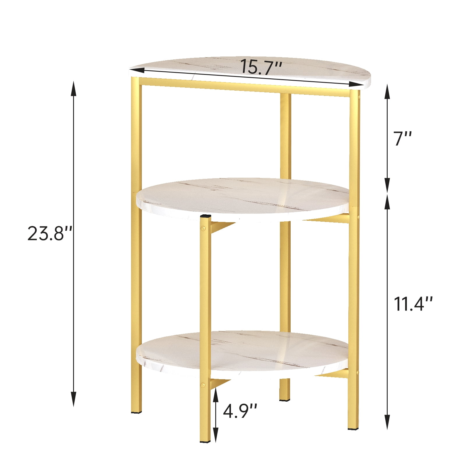 Baxluxe Round End Table with Storage Shelves,3 Legged Faux Marble Small Gold Side Table, Metal Frame Accent Coffee Table Nightstand, 3-Tier Storage Living Room Table for Small Space, White+Gold