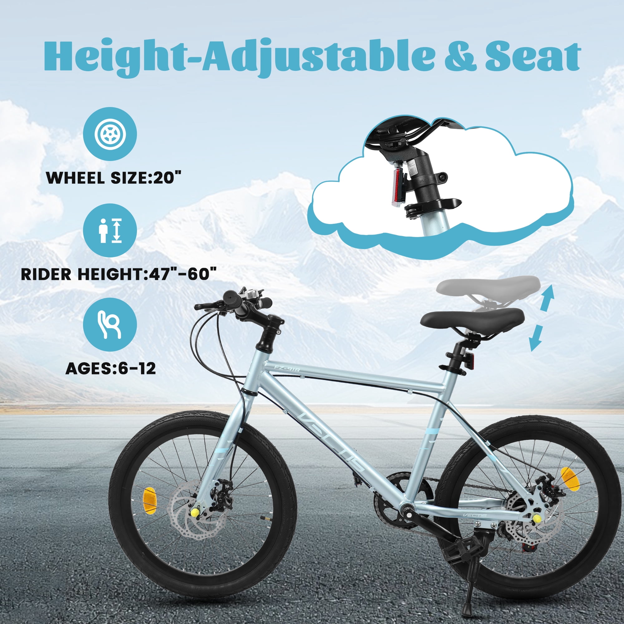 Aukfa 20" Kids Bike for Boys Girls,7-Speed Steel Frame,Dual Disc Brakes,Blue Silver