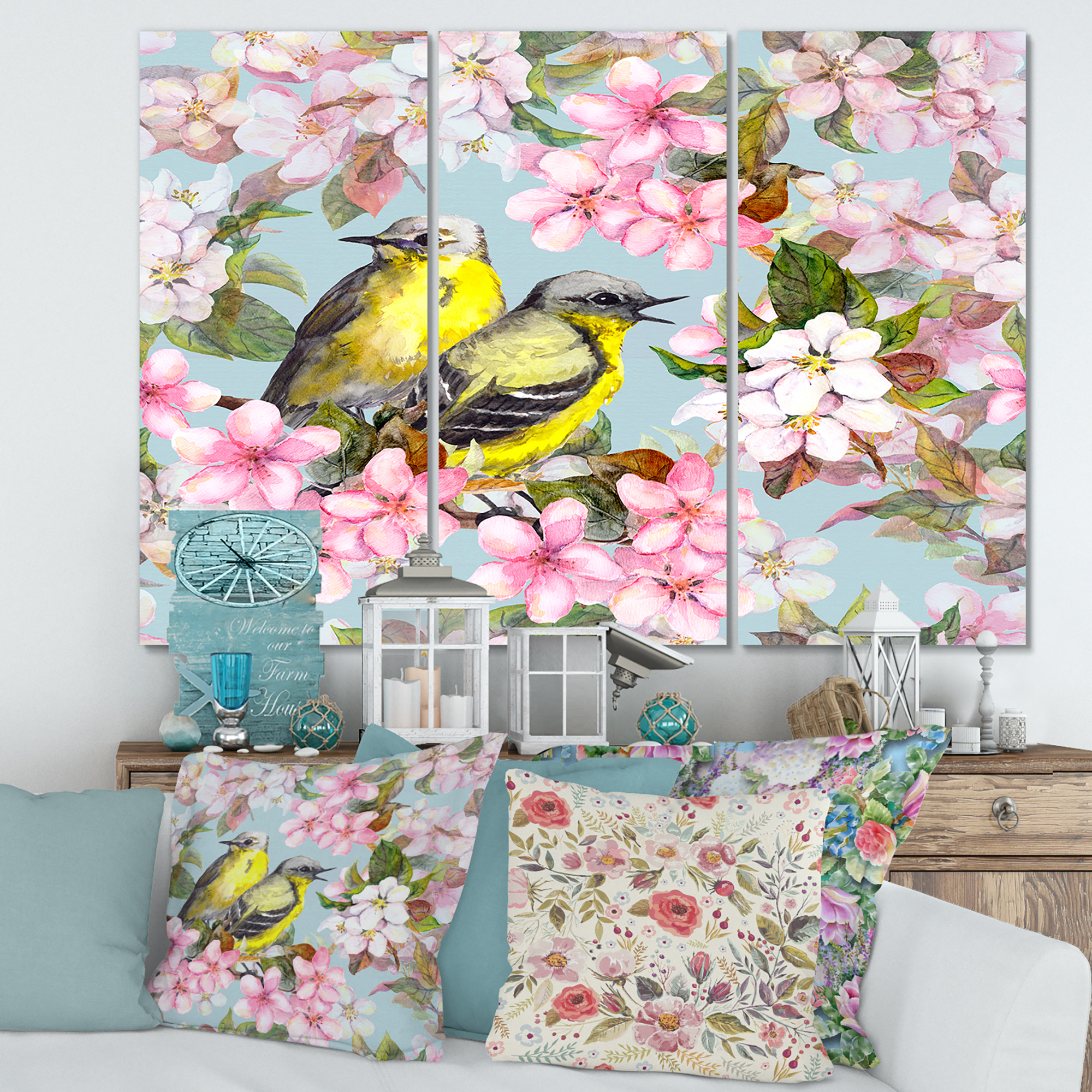 Designart ' Birds On Pink Cherry Sakura and Apple Flowers II ' Traditional Canvas Wall Art Print