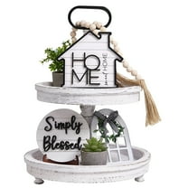 ACDANC Wooden Two Tier Tray with Handle Farmhouse Tiered Tray Decor Home Wood Sign Rustic Home Sweet Home Simply Blessed This Us Wooden Beads Tiered Tray Decorations Set For Home Kitchen Table Shelf