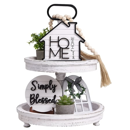 ACDANC Wooden Two Tier Tray with Handle Farmhouse Tiered Tray Decor Home Wood Sign Rustic Home Sweet Home Simply Blessed This Us Wooden Beads Tiered Tray Decorations Set For Home Kitchen Table Shelf