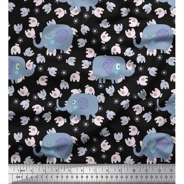 Soimoi Poly Georgette Fabric Cute Elephant Kids Print Sewing Fabric Yard 52 Inch Wide