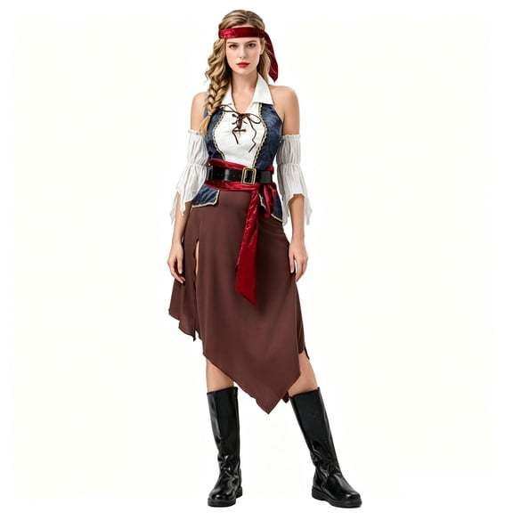 Adult Women Pirate Halloween Cosplay Costume, Complete Renaissance Pirate Outfit with Headband Belt and Irregular Skirt