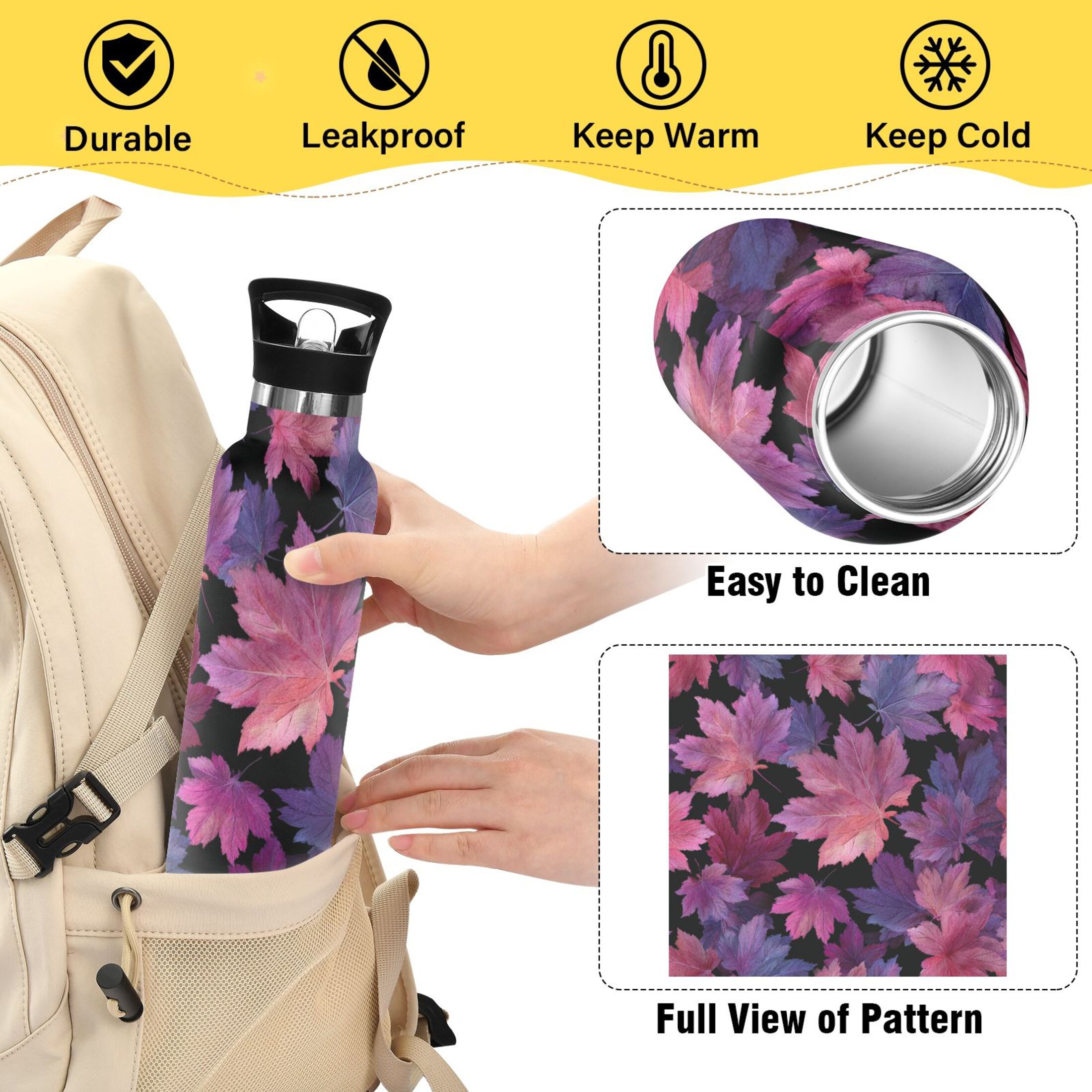 600ML Stainless Steel Insulated Cup Sports Water Bottle Portable Thermos Cup Water Glasses Insulated Tumblers Convenient and Durable Watercolor Maple Leaf