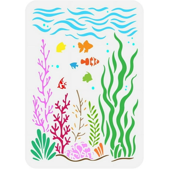 Wave Seabed Painting Large Stencil 8.3x11.7" PET Marine Life Spraying Big Template Water Plants Clown Fish Coral Seaweed Kelp Pattern Stencil Summer Ocean Theme Wall Huge Template