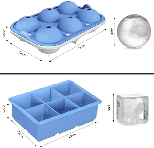 Ice Cube Trays (Set of 2), Sphere Ice Ball Maker with Lid & Large Square Ice Cube Maker for Whiskey, Cocktails and Homemade, Keep Drinks Chilled