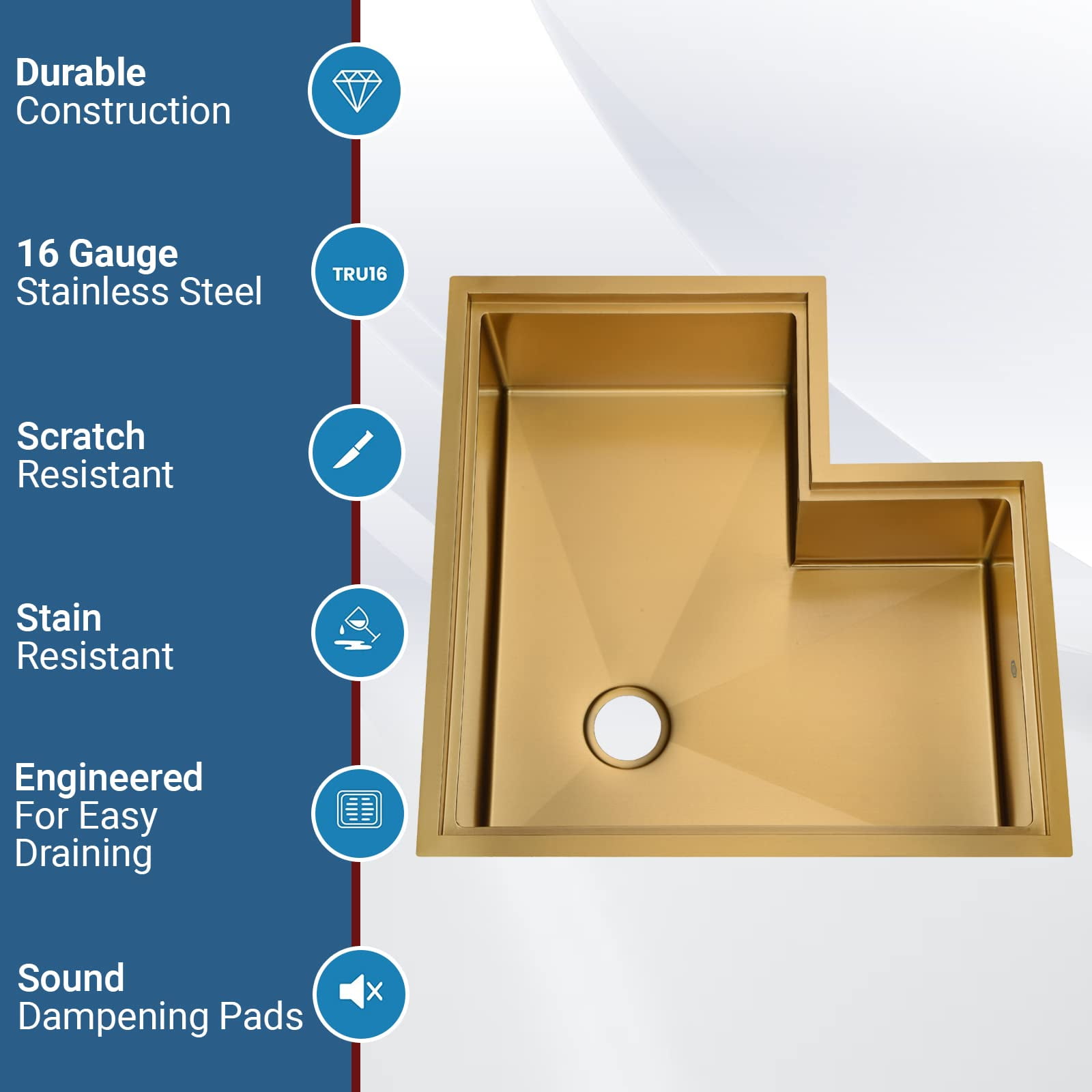 Strictly Sinks 30” Workstation Corner Kitchen Sink – Gold Single Bowl 16 Gauge Stainless Steel Corner Sink