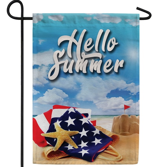 America Forever Hello Summer Tropical Beach Garden Flag 12.5 x 18 inches Fun in the Sun Paradise Sand Castle Starfish Double Sided Seasonal Yard Outdoor Decorative Nautical Patriotic Coastal Flag