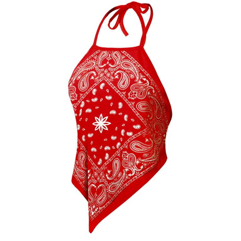Made by Olivia Women's Sexy Paisley Bandana/ Tie Dye Halter Top Shirt- Made in USA, Size: XL Plus, Red