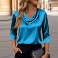 thumbnail image 4 of Womens Satin Blouse Cowl Neck Draped Silky 3/4 Long Sleeve Dressy Tops Trendy Fashion Business Casual Outfit #02Blue 2XL, 4 of 7