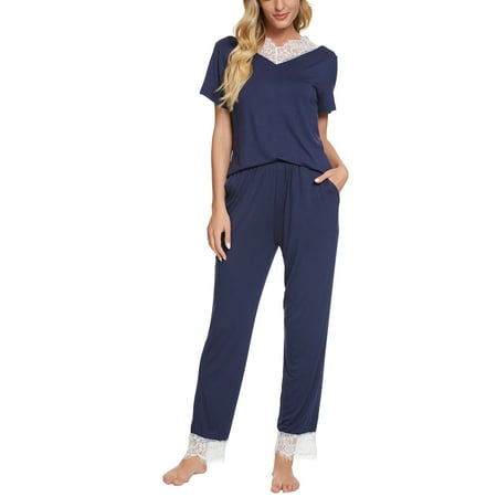 

cheibear Womens Sleepwear V-Neck with Lace Nightwear with Pants Loungewear Pajama Set