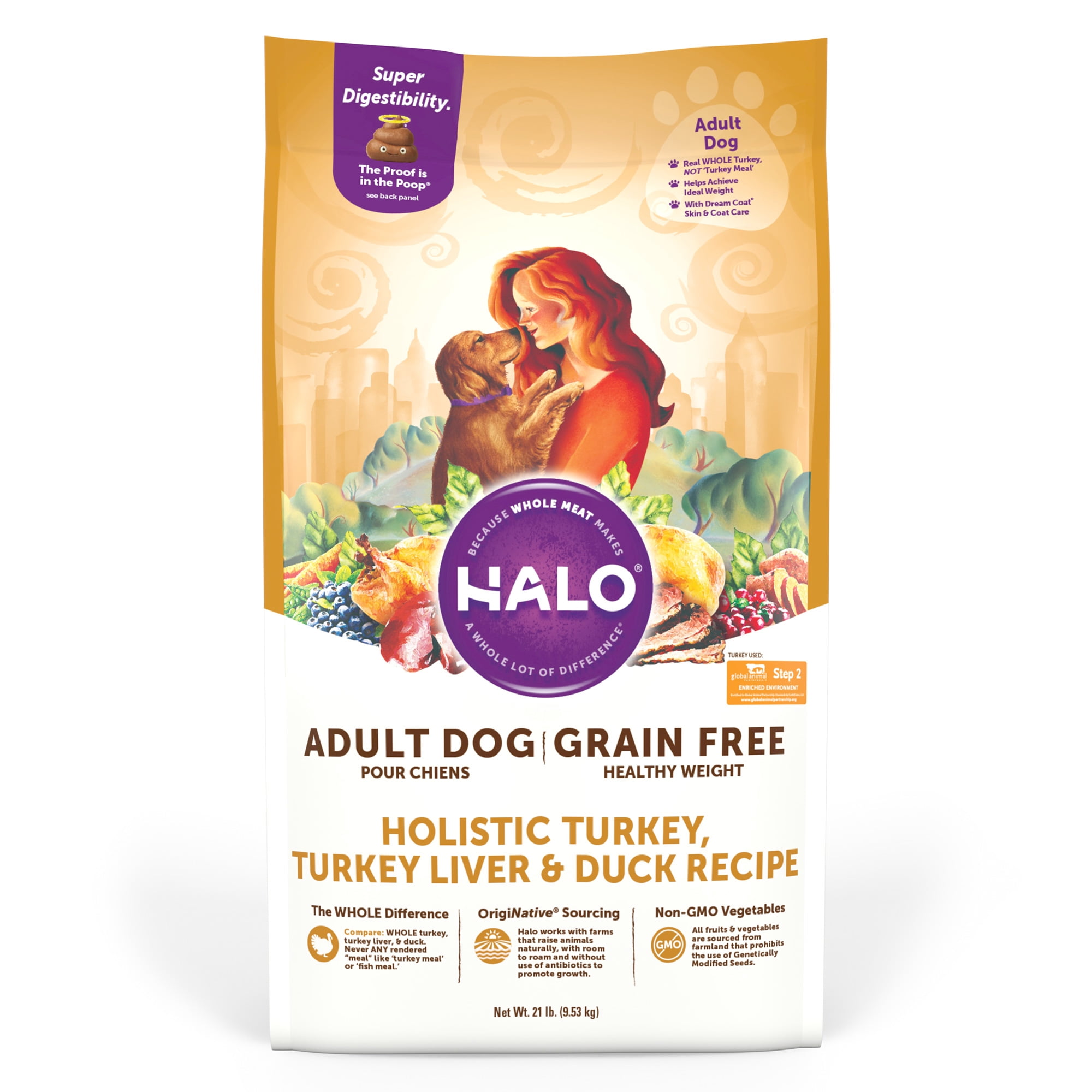 Halo Grain Free Natural Dry Dog Food, Healthy Weight Turkey, Turkey Liver & Duck Recipe, 21-Pound Bag