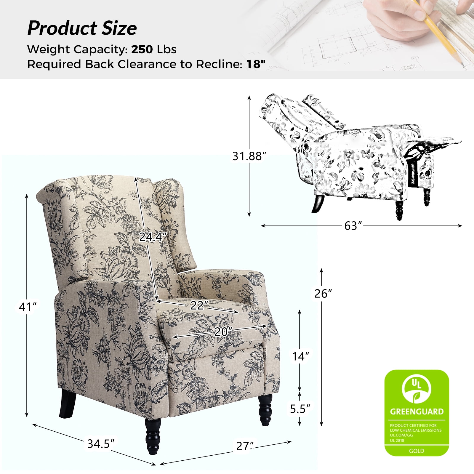 Traditional Manual Recliner Chair Push Back Upholstered Wingback Fabric Living Room Indigo