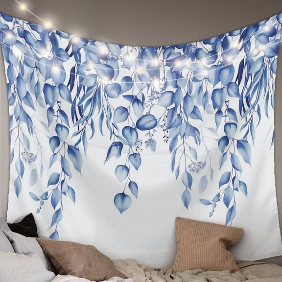 Eucalyptus Leaves Tapestry for Bedroom Wall Hanging Tapestry, Navy Blue Summer Botanical Weeping Ceiling Backdrop Tapestries Poster Blanket Wall Decor for Teens Room Living Room Dorm 59" x 79"