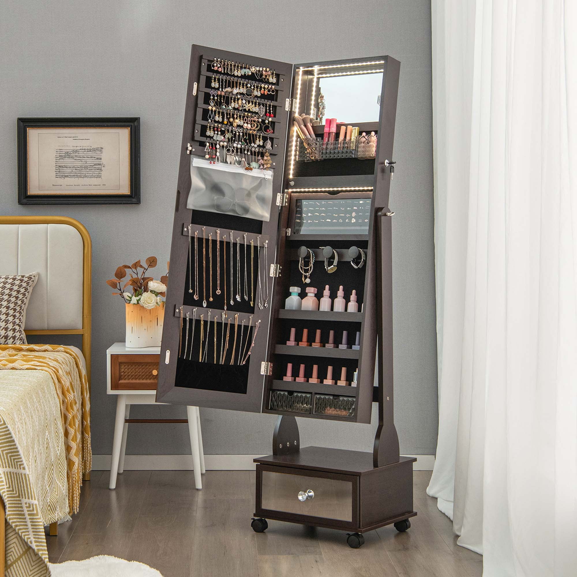 Costway Contemporary MDF Jewelry Cabinet with LED Lights in Brown