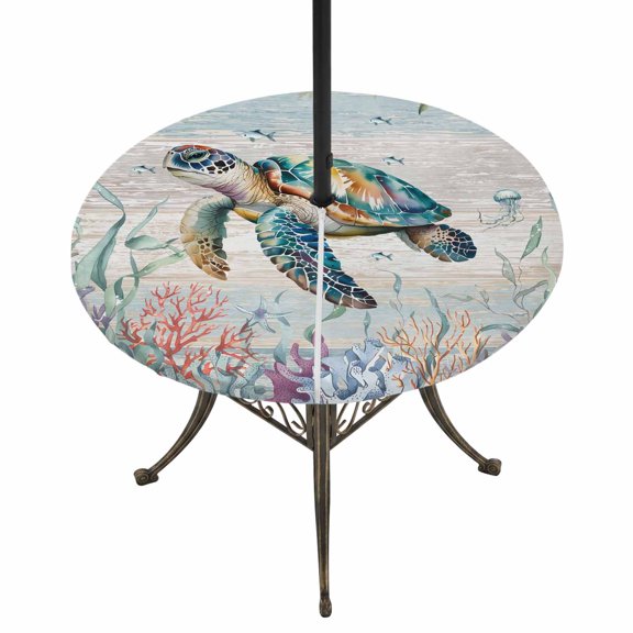 Sea Turtle Coastal Round Outdoor Tablecloth with Umbrella Hole Zipper, Summer Coral Ocean Gray Blue Wooden Elastic Fitted Table Cover, Waterproof Table Cloth for Patio Picnic Party Fits 54"-60"