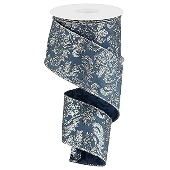 Glitter Bold Damask Wired Edge Ribbon (2.5 Inches, Smoke Blue, Silver) - 10 Yards
