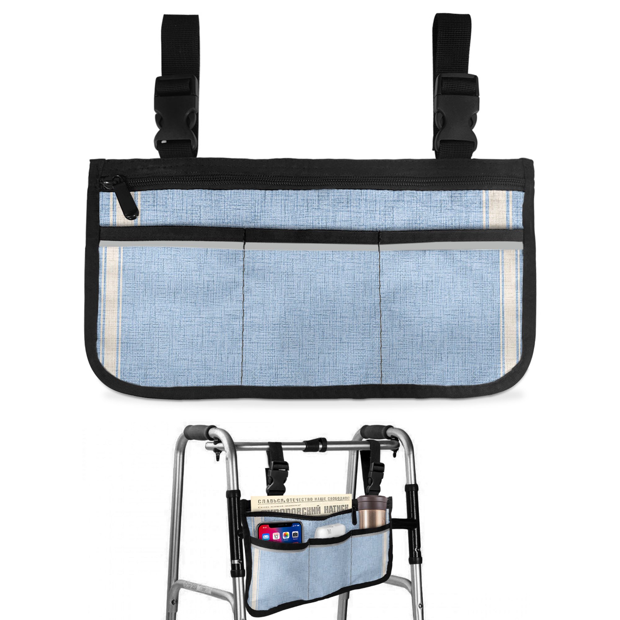 Woven Fabric Wheelchair Side Bag with Cup Holder, Rustic Vintage Beige Stripe Sky Blue Linen Texture Wheelchair Armrest Bag Storage Pouch Adults, Seniors for Walkers, Rollator, Scooter