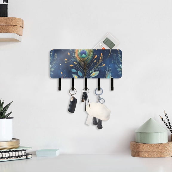 Peacock Feather and Leaves Key Holder for Wall Mail Holder Organizer with 5 Key Hooks Wall Mount Key Rack with Shelf