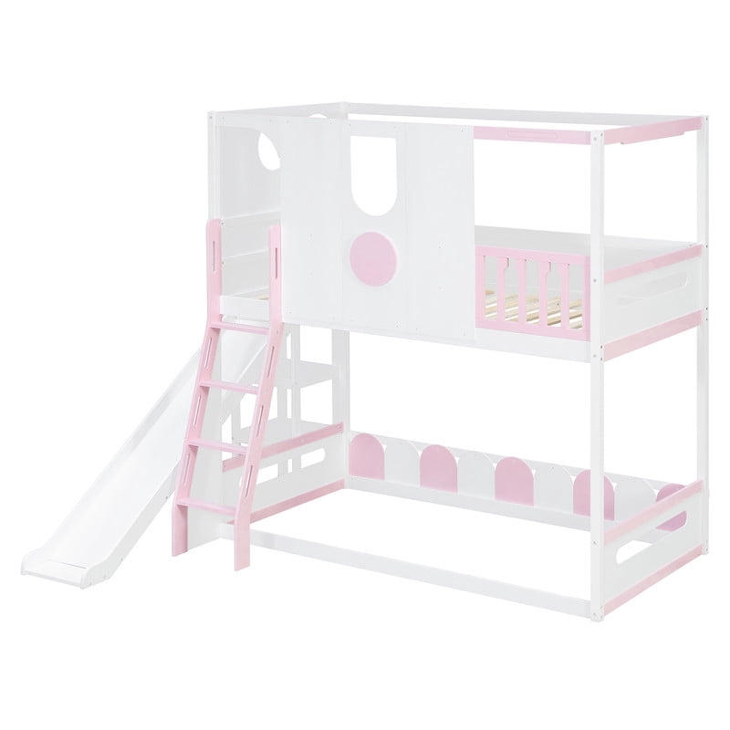 Twin Size Versatile Kids Loft/Bunk Bed with Floor Bed, House Bed Frame with Slide, Storage Shelves and Guardrails