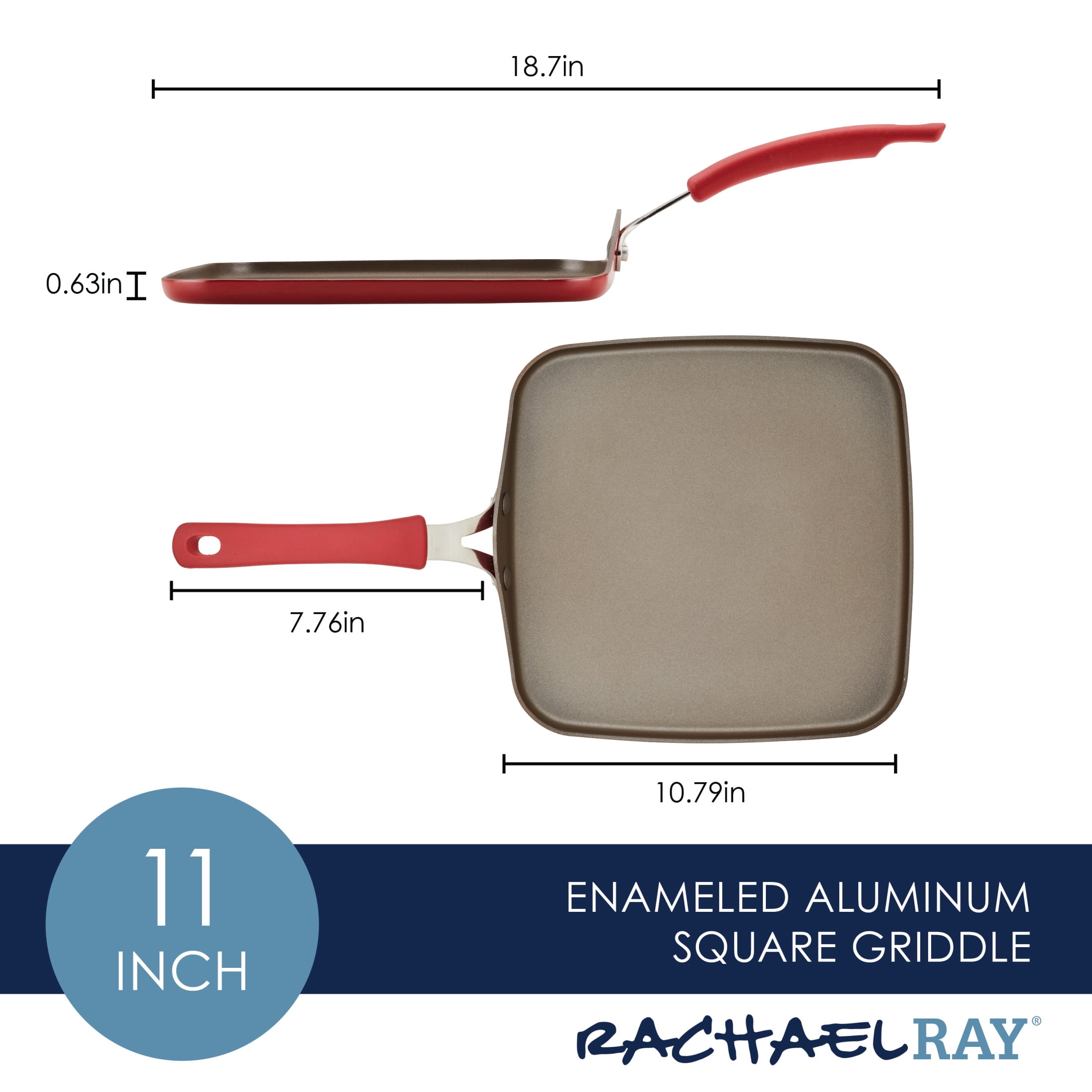 Rachael Ray Cook + Create Nonstick Aluminum Square Stovetop Griddle Pan, 11 inch, Red