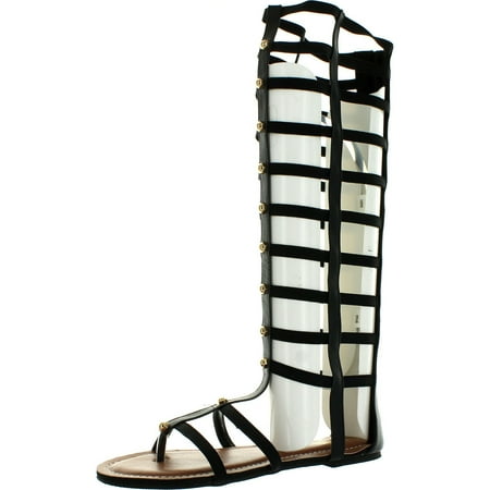 

Wild Rose Odelia04 Women Leatherette Open Toe Studded Knee High Gladiator Sandal - Black Black 6