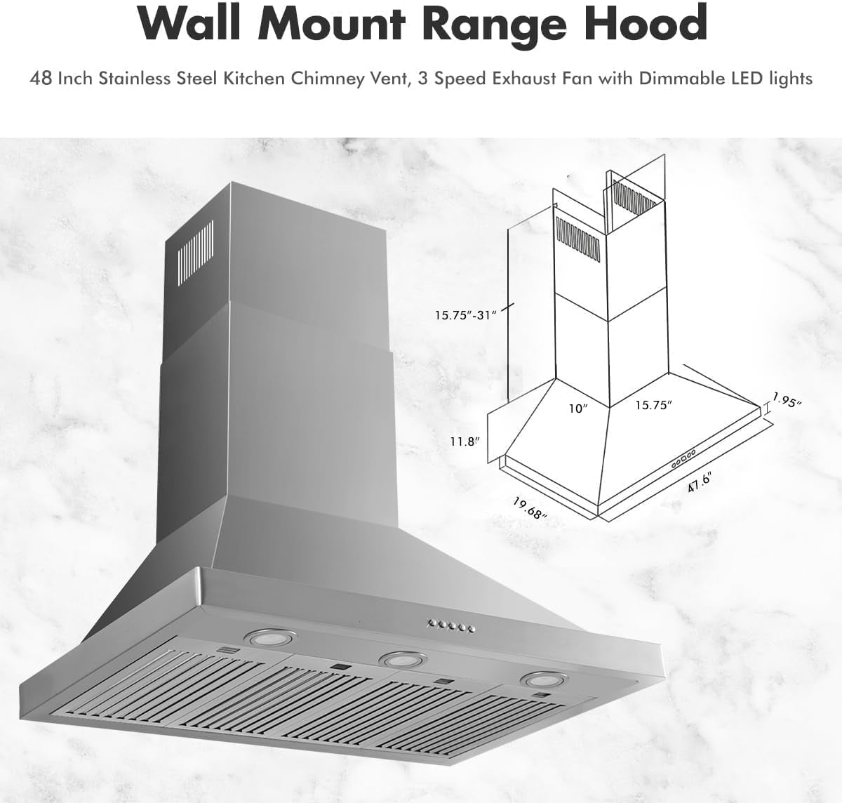 KYascend Upgraded 48 inch Wall Mount Range Hood Vent Convertible Dual Motors 1500CFM Stainless Steel for Kitchen 3 Speed Exhaust Fan ETL Listed