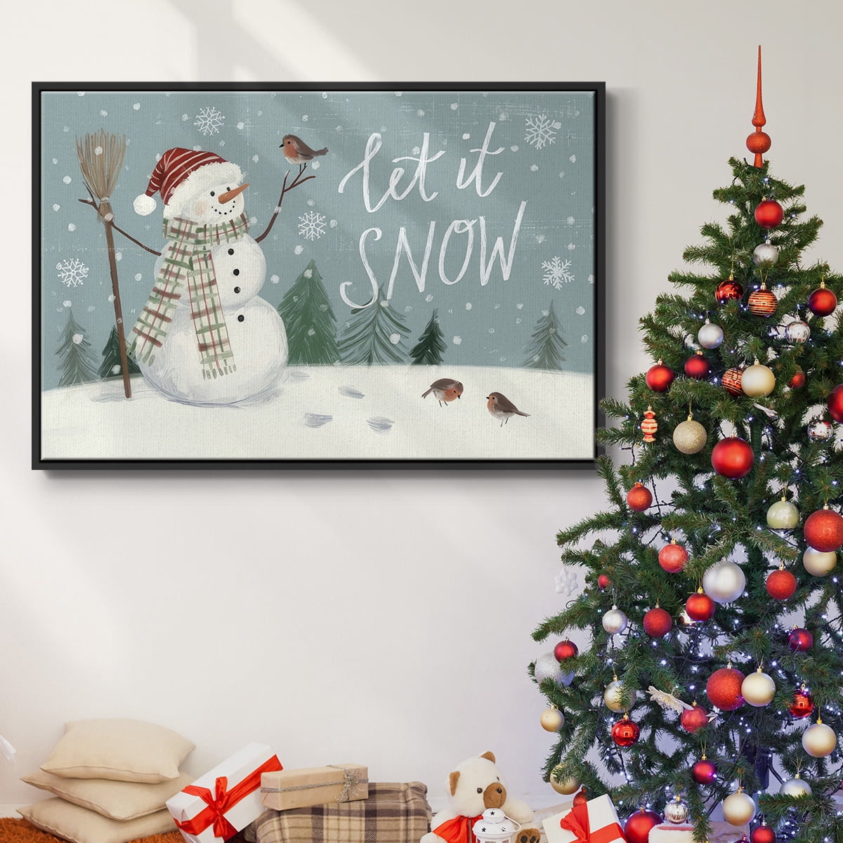 Jolly Snowman Collection A - Framed Gallery Wrapped Holiday Canvas - 25 x 37 - Black Frame