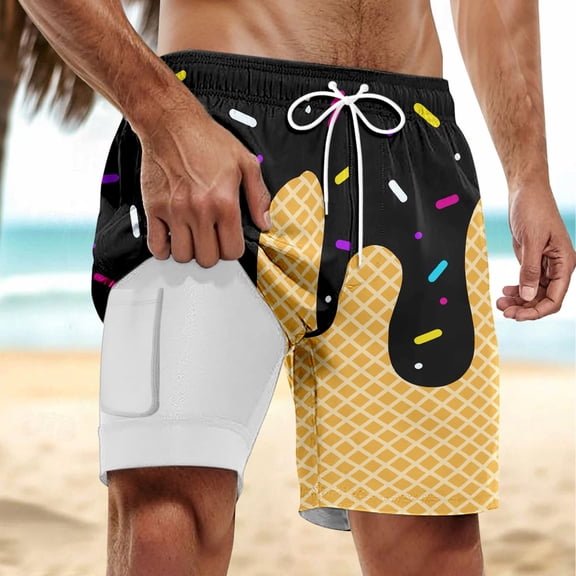 CONZONE Men'S Swim Trunks With Stretch Liner Ice Cream Graphic Board Shorts for Men Elastic Waist Drawstring Lightweight Quick Dry Summer Beach Swim Shorts With Pocket