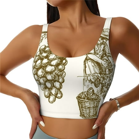 Adobk Workers Cutting Grapes From Vineyard Print Sports Bras for Women Longline Workout Crop Tank Tops Padded with Built in Shelf Padded Sports Bra-