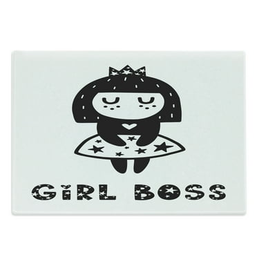 Girl Boss Cutting Board, Monochrome Doodle Princess and Creative Starry Lettering, Decorative Tempered Glass Cutting and Serving Board, in 3 Sizes, by Ambesonne