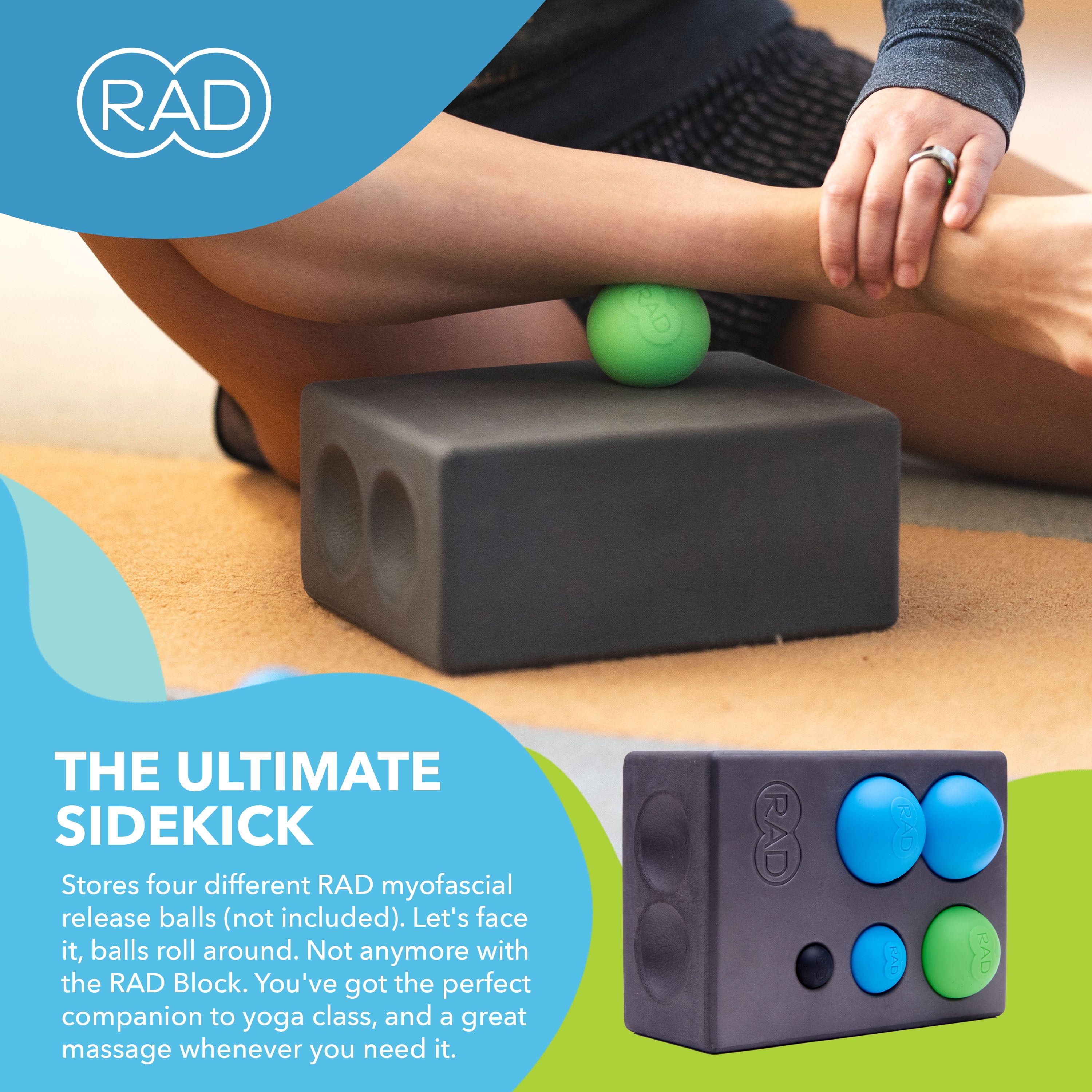 RAD Block – Multi-Use EVA Foam Standard Yoga Block - Storage and Leverage for RAD Massage Balls Travel-Friendly - Grey - One