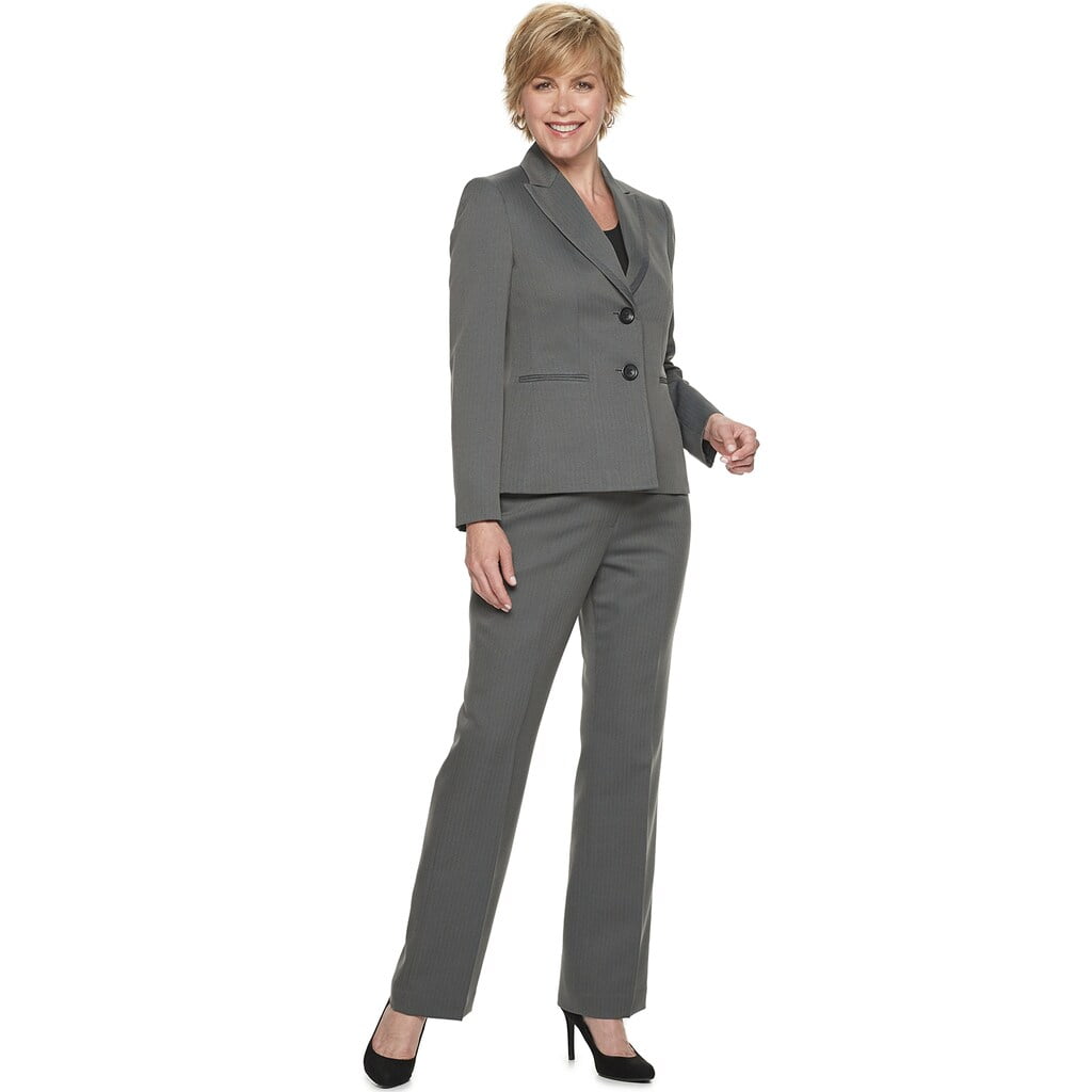 Le Suit Women's Le Suit Herringbone 2Button Jacket & Pant Suit Steel