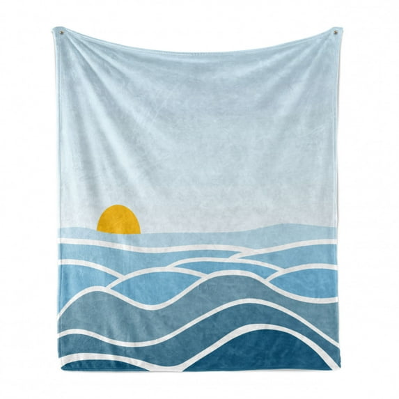 Floral Soft Flannel Fleece Throw Blanket, Minimalistic Waves Sunrise Open Sea Print, Cozy Plush for Indoor and Outdoor Use, 70" x 90", Orange Sky Blue, by Ambesonne