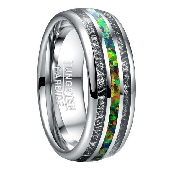 8mm Men's Green Created-Opal Tungsten Rings Imitated Meteorite Inlay Wedding Band Size 7-12