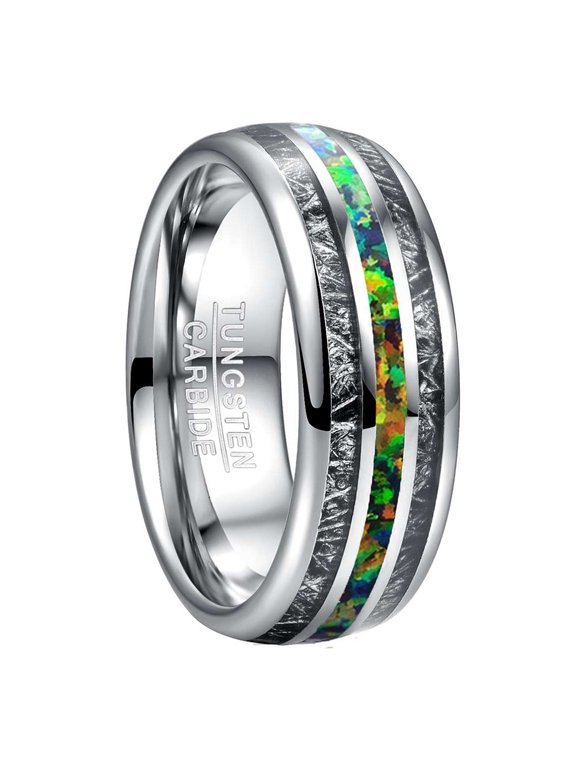8mm Men's Green Created-Opal Tungsten Rings Imitated Meteorite Inlay Wedding Band Size 7-12