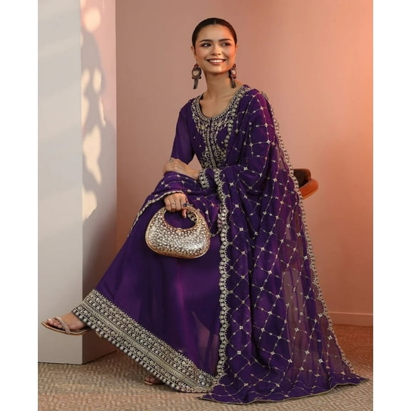 Shivansh Creations Women’s 3-Piece Purple Embroidered Silk Blend Kurta Set with Dupatta, Straight-Fit Kurta and Palazzo Pants, Party & Festive Wear Outfit (S–2XL)