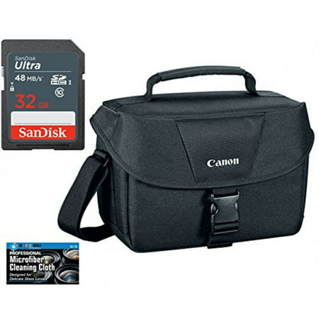 Canon 100ES Well Padded Multi Compartment Compact Digital SLR EOS Rebel Camera Gadget Case + SanDisk 32GB High Speed Class 10 Memory Card + Cleaning Cloth for T6s, T6i, T5i, SL1, T6, T5, 70D, 80D &