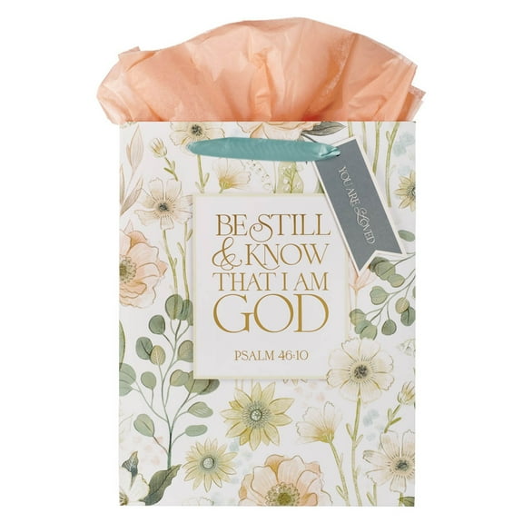 Christian Art Gifts Large Portrait Inspirational Scripture Gift Bag, Tag & Wrapping Tissue Paper Set for Women: Be Still Bible Verse Psalm, White Multicolor Floral & Gold Design, Satin Ribbon Handles