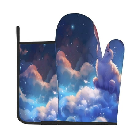 

Tebeau Cloud Cute Rabbit Print Oven Mitts and Pan Racks 2-Piece Set Kitchen Oven Mitts and Pan Racks Heat Resistant 500 °F for Baking and Cooking
