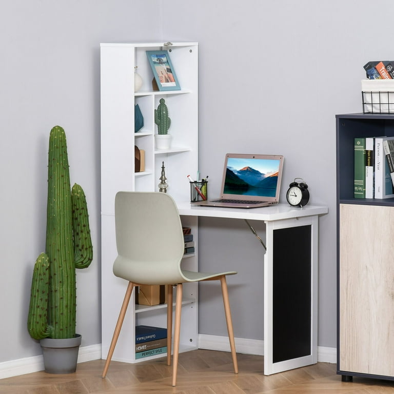 HOMCOM Fold out Convertible Writing Table Wall Mount Desk Cabinet with Blackboard and Side Shelf Multi Function Home Office Workstation White