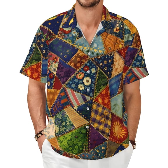 Patchwork Pattern Men's Shirts Short-Sleeved with All-Over Prints Button-Up Shirts